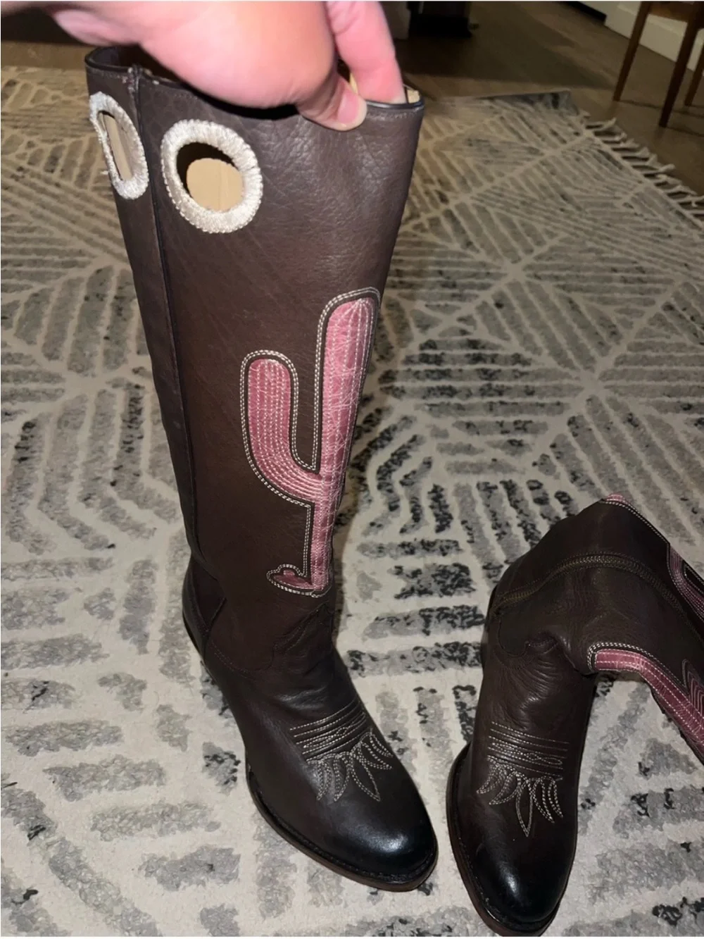 Stetson Brown Leather Over-the-Knee Boots with Pink Cactus Inlay